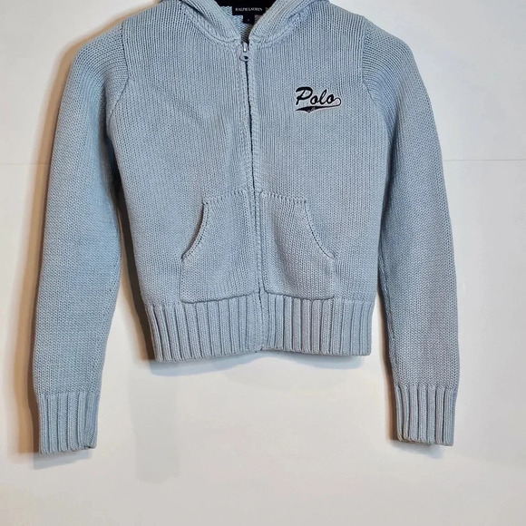 Ralph Lauren Hooded 'P' Letter Sweater Full Zipper Light Blue Youth Sz L - Picture 1 of 12